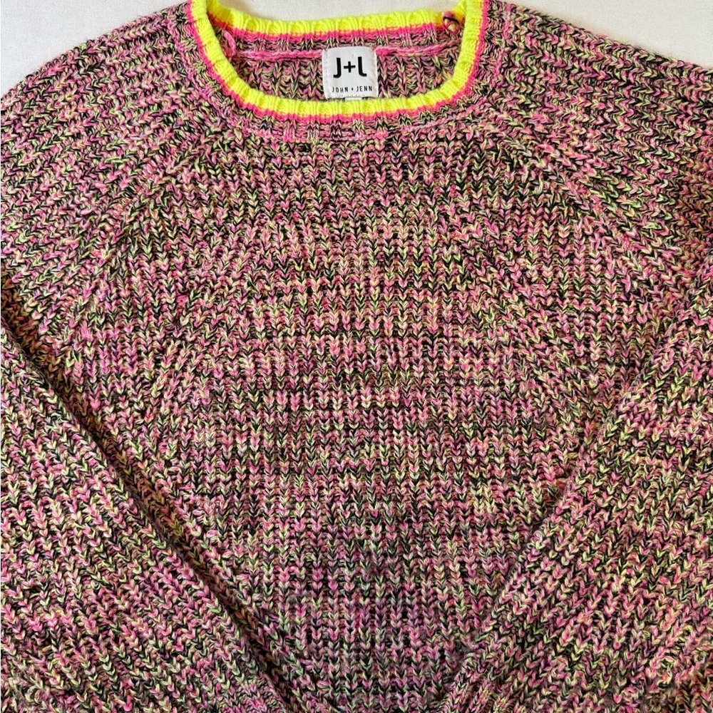 John + Jenn Pink and Green Neon Chunky Knit Cropped Sweater - Picture 2 of 8